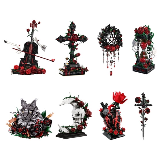376 Pcs Gothic Hourglass Skeleton Hands Building Blocks Set, Dark Rose Sandglass Model, Spooky Dark Romance Desktop Decor Gift for Adults
