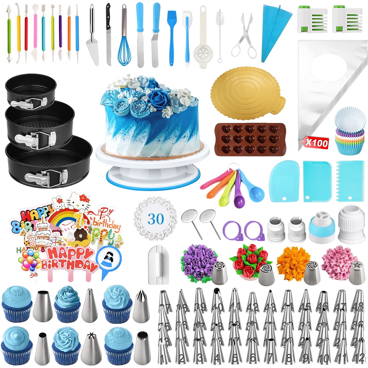 RFAQK 700pcs Cake Decorating Supplies Kit with Baking Supplies- Cake Decorating Tools with Springform Pans, Cake Leveler, Turntable, Numbered Piping