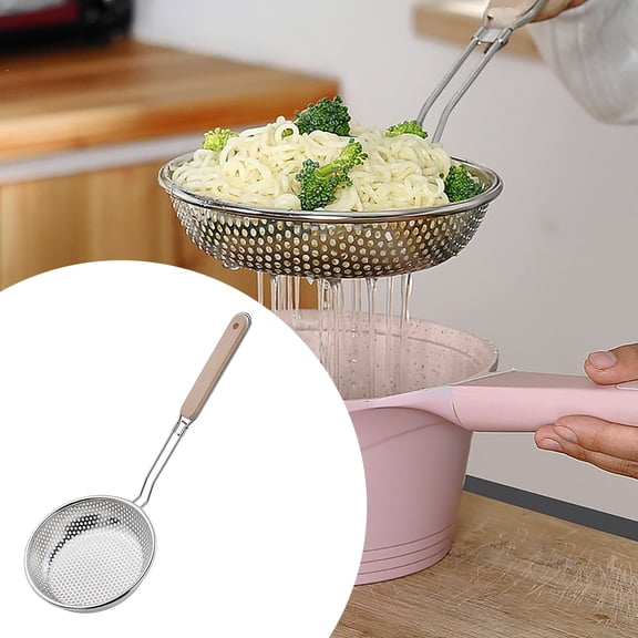 37CM Stainless Steel Micro-Perforated Skimmer Strainer, Pasta Noodle Net Basket with Wooden Handle, Heavy Duty Slotted Spoon for Dumplings Frying Filtering, Durable Kitchen Cooking Utensil