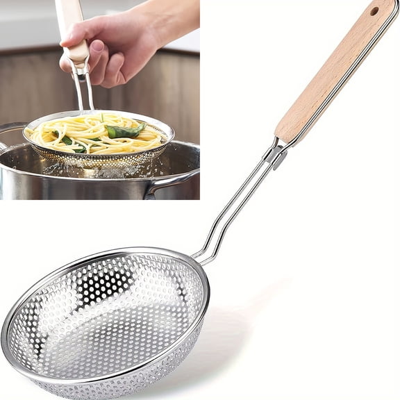 37CM Stainless Steel Micro-Perforated Skimmer Strainer with Wooden Handle Heavy Duty Pasta Noodle Net Basket Slotted Spoon for Dumplings Frying Filtering Durable Kitchen Cooking Utensil