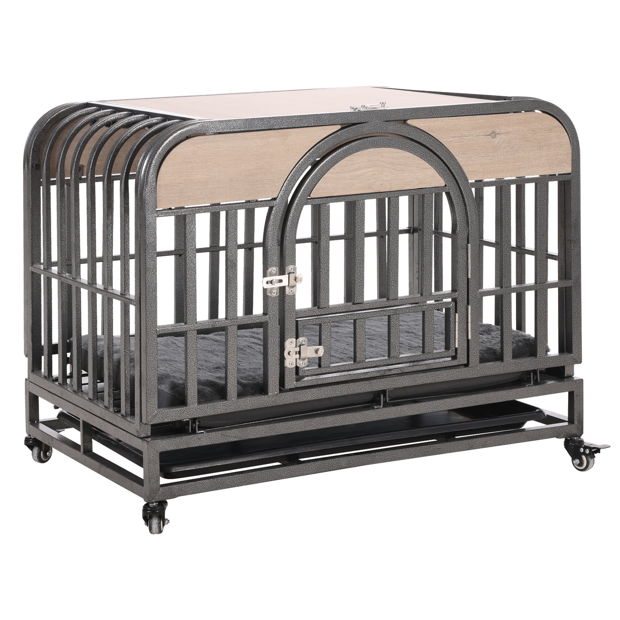 37-Inch Gray Rolling Heavy-Duty Dog Crate with Removable Trays