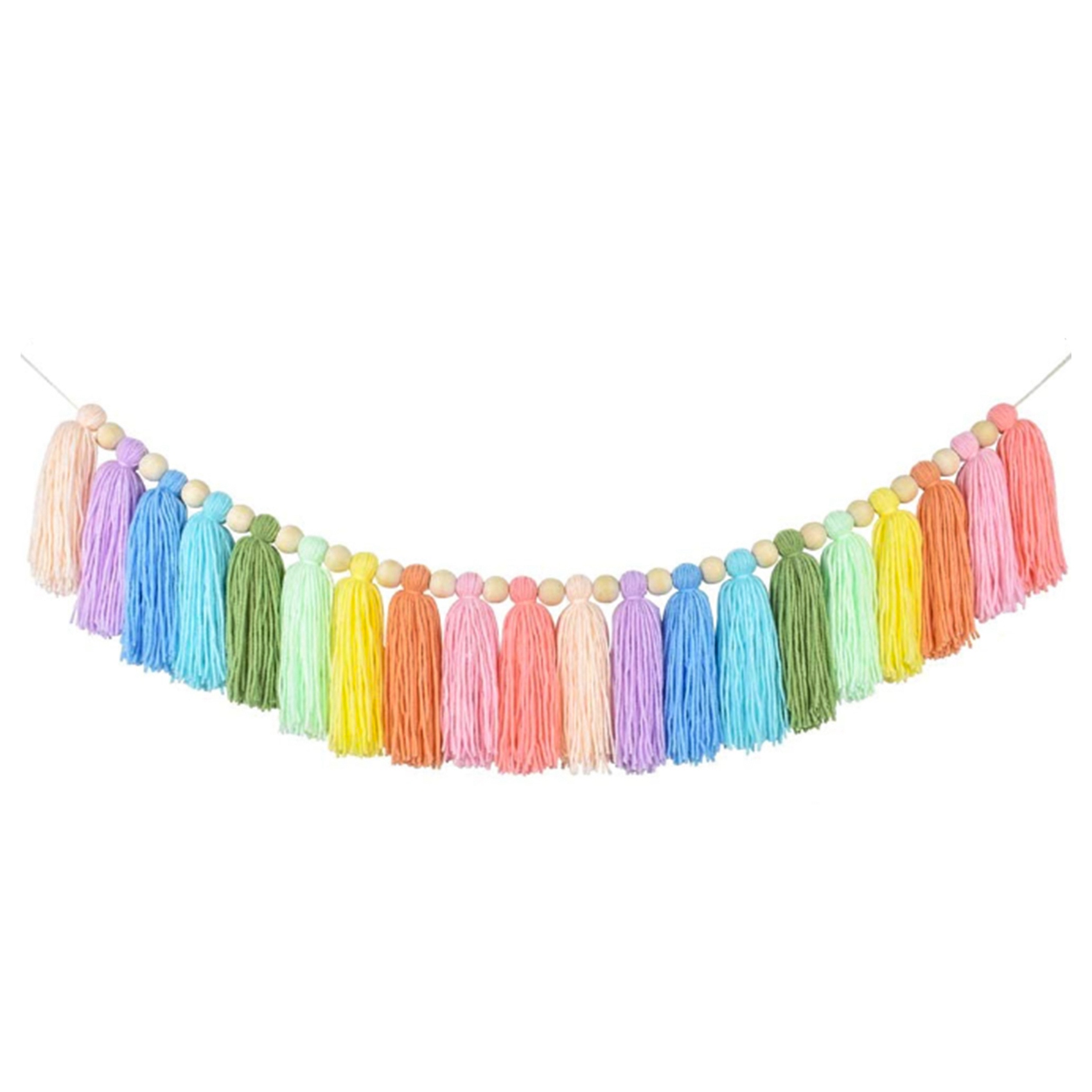 37Inch Pastel Rainbow Tassel Garland with Wood Bead Colorful Tapestry
