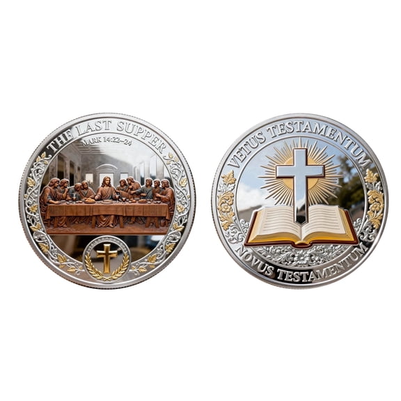 37Jewelry,Silvery 1.57in The Last Supper Christian Commemorative Coin, Cross Bible Faith Collectible Coin, Inspirational Religious Gift