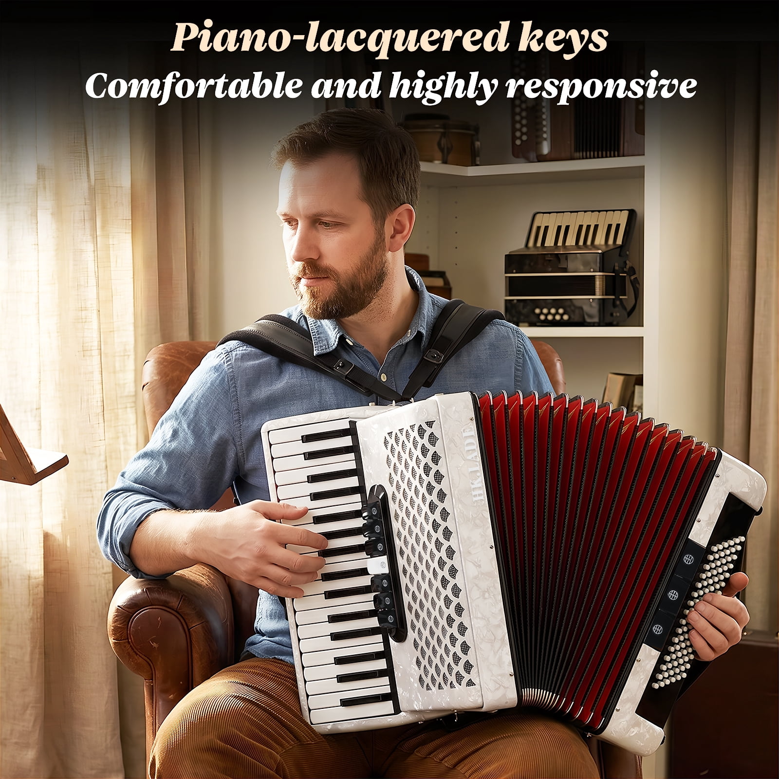 Hemoton 37 Key 96 Bass Accordion, White, Exceptional Sound Range for Musicians, Classes and Live Shows