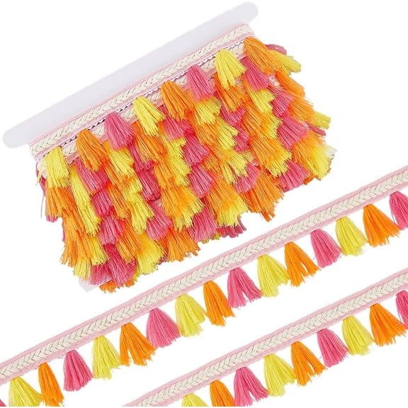 37MM Yellow White Tassel Fringe Trim Ethnic Braid Ribbon Boho Polyester Decorative Braid Edge Fabric Trimming Set