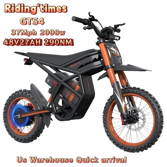 37MPH Riding'times GT54 Electric Dirt Bike for Teens Adults,48V27AH Electric Motorcycle with 14"/12" Fat Tire Ebike,2000W Dual Hydraulic Brakes Mountain Off-Road Ebike UL2849