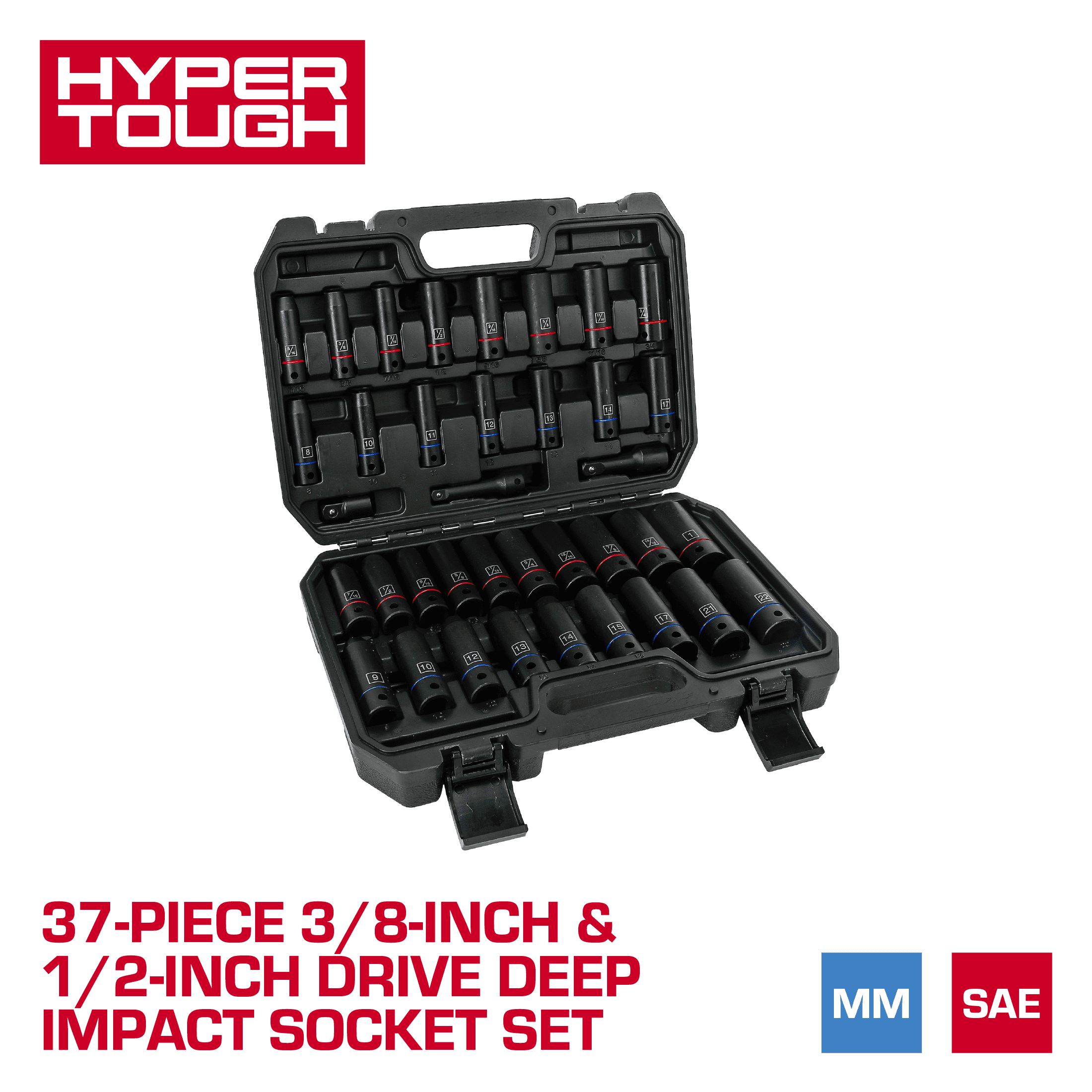 Hyper Tough 37-Piece 3/8-in., 1/2-in. Drive Deep Impact Socket Set, SAE & MM