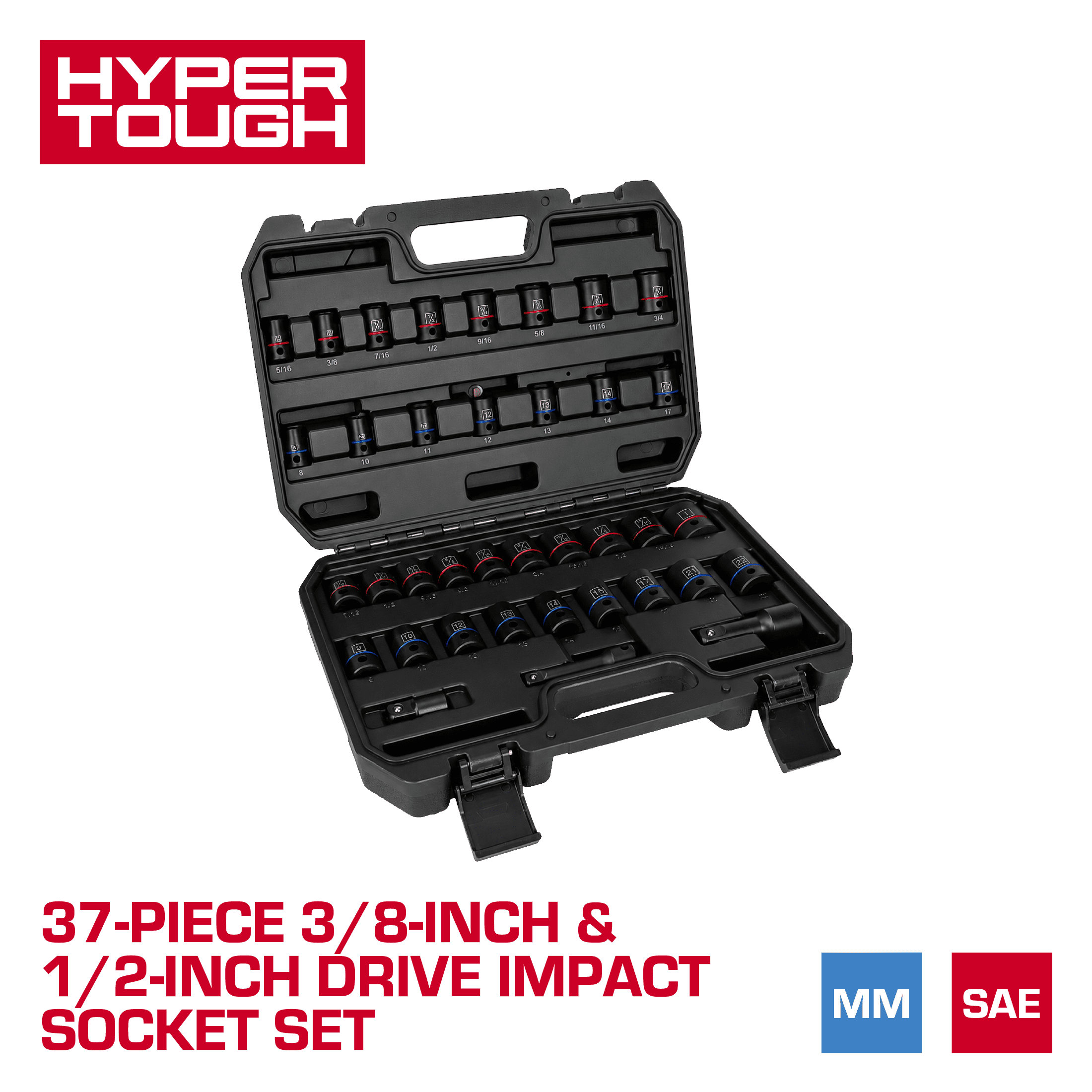 Hyper Tough 37-Piece 3/8-in., 1/2-in. Drive Impact Socket Set, SAE & MM