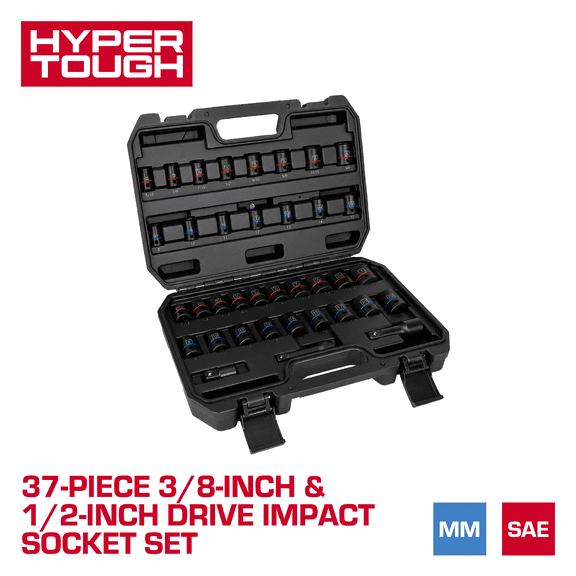Hyper Tough 37-Piece 3/8-in., 1/2-in. Drive Impact Socket Set, SAE & MM