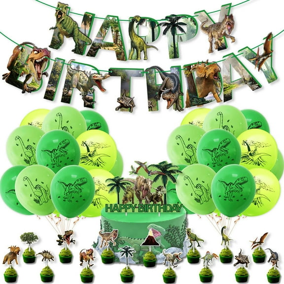 37PCS Dinosaur Birthday Party Decorations Diy Pull-String Banner, Cake Toppers & Balloon Set