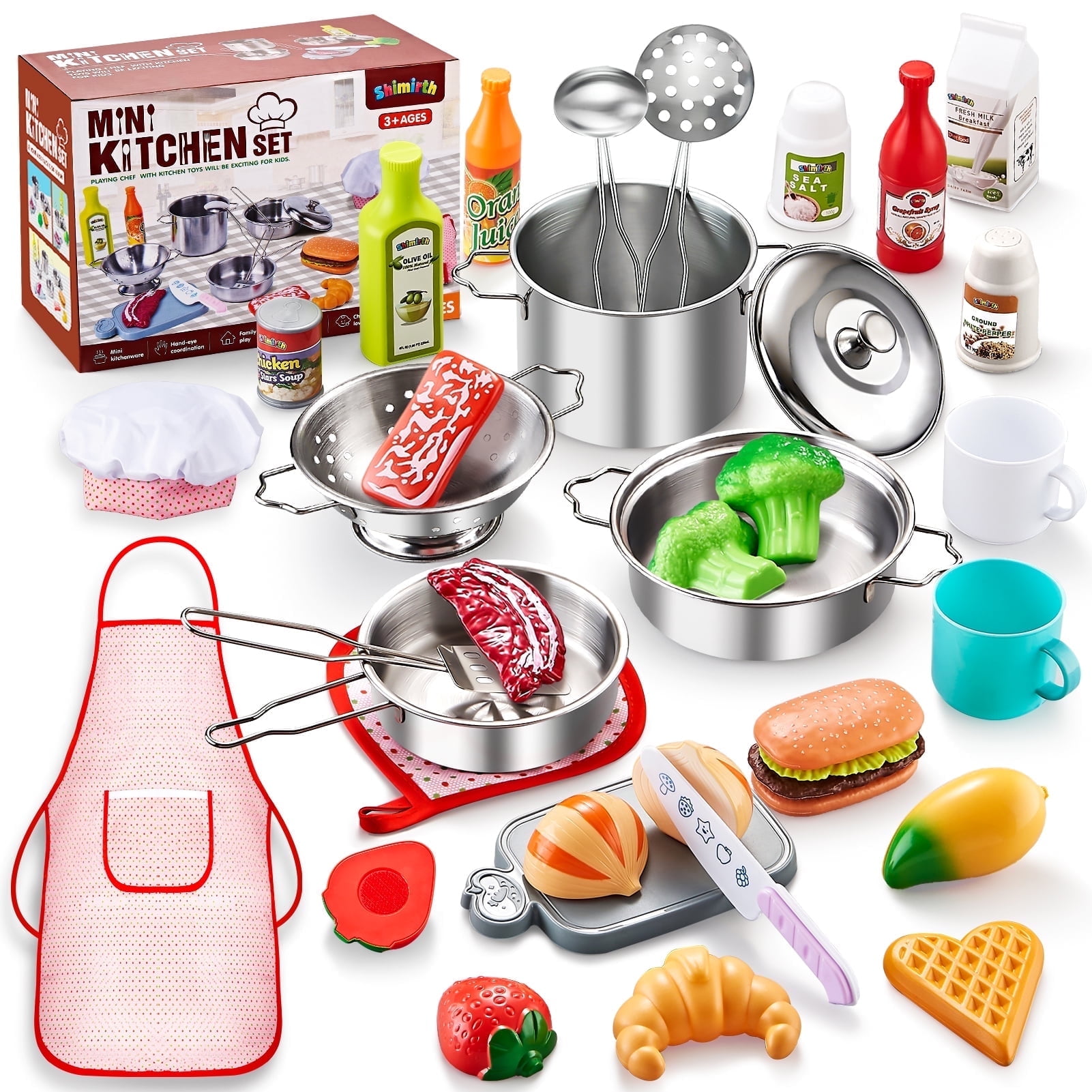 37PCS Pretend Play Kitchen Accessories, Kids Kitchen Playset Stainless Steel Play Pots and Pans Sets for Kids, Apron & Chef Hat, Cooking Utensils, Play Food, Kitchen Toys, Gift for Boys Girls