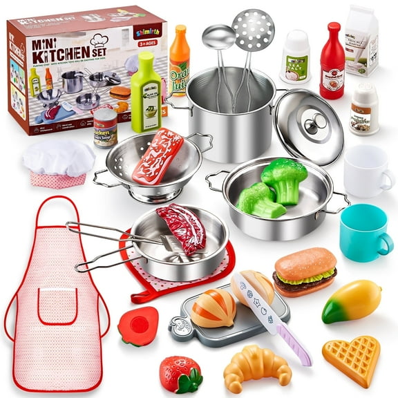 37PCS Pretend Play Kitchen Accessories, Kids Kitchen Playset Stainless Steel Play Pots and Pans Sets for Kids, Apron & Chef Hat, Cooking Utensils, Play Food, Kitchen Toys, Gift for Boys Girls