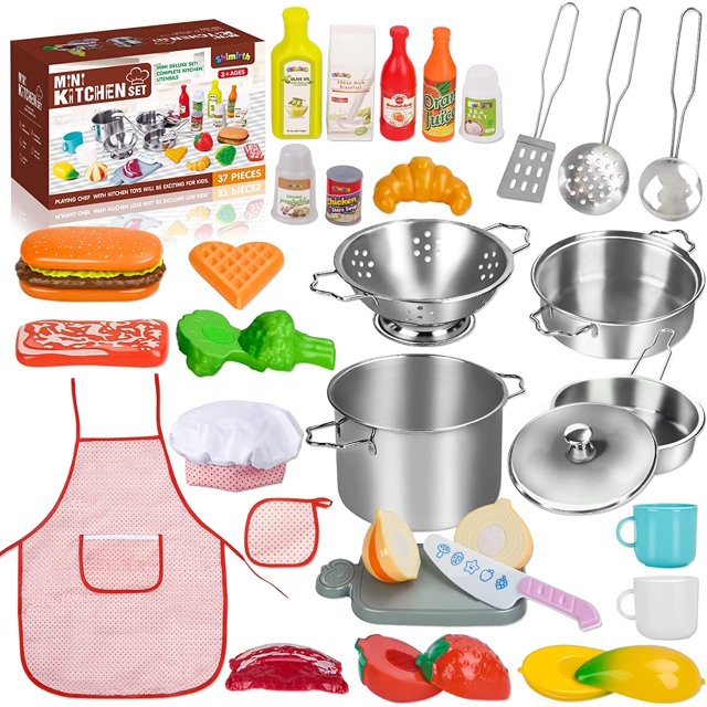 37PCS Pretend Play Kitchen Accessories, Kids Kitchen Playset Stainless