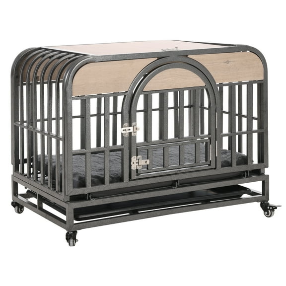 37in Furniture Style Heavy Duty Dog Crate with Removable Trays and Wheels, Ideal for High Anxiety Dogs - Grey