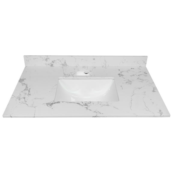 37inch Bathroom Vanity Top - White Engineered Stone Lavatory Countertop Elevate Your Sink Transform Look