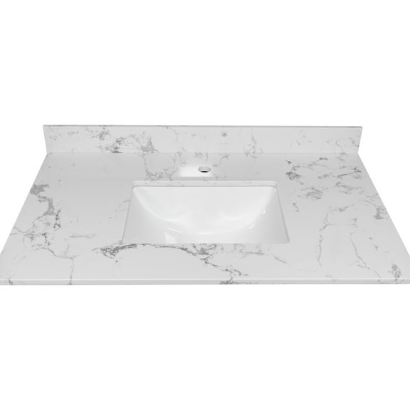 37inch Bathroom Vanity Top - White Stone With Rectangular Undermount Ceramic Sink Luxury Element Modern Essential