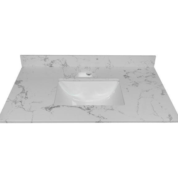 37inch Bathroom Vanity Top - White Stone With Undermount Ceramic Sink Luxury Choice Engineered Basin Counter Upgrade Your