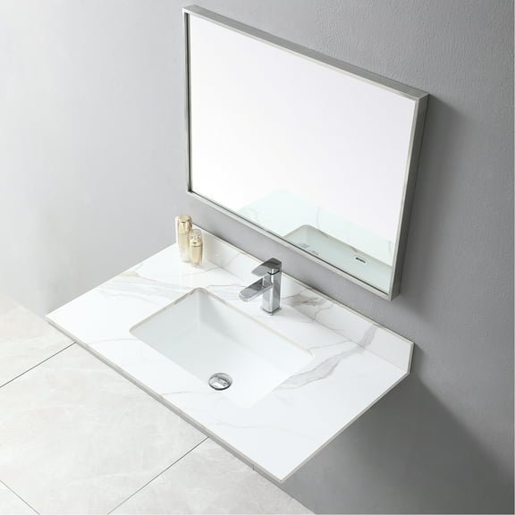 37inch Bathroom Vanity Top With Gold Sintered Stone Feature, Ceramic Rectangular Sink And Faucet Hole - Modern Look 37" Made Of Stone, Classy Touch