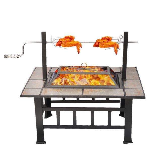 37inch Outdoor Fire Pit Table with Grill, Wood Burning BBQ, Square
