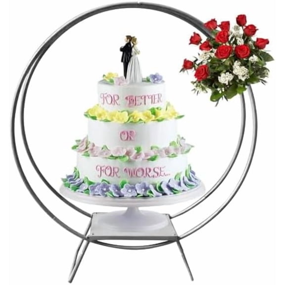 37inch-Silver Round Wedding Cake Stand, Cake&Flower Display Stand, Table Decoration Frame Arch Backdrop Stand, Archway Big Cake Display Stand Party Wedding Center Birthday Photo Booth