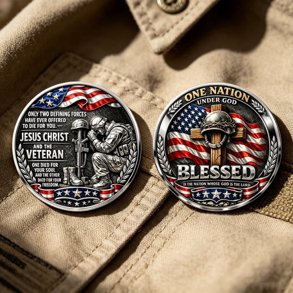 37jewelry,Christ and Veterans Theme Silver Decorative Coin 1.57 in - Salute to Soul and Freedom, Patriotic Table and Bookshelf Ornament of Faith