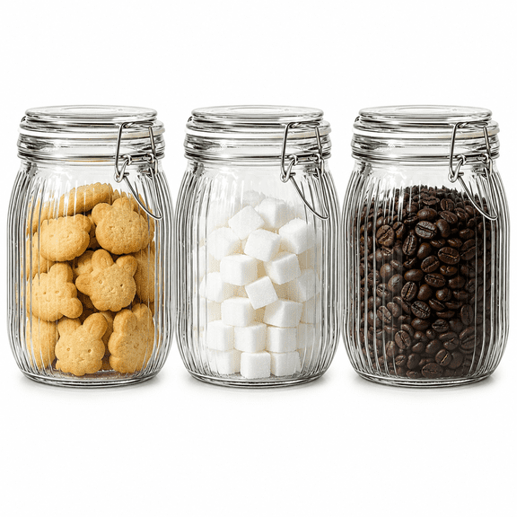 37oz*3-Ribbed Glass Food Storage Jars, Set of 3 for Coffee, Dry Goods, Fermenting, Pantry Organization