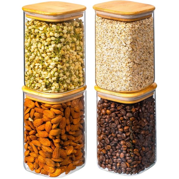 37oz 4PCS Glass Storage Containers with Lids, Glass Jars with Lids Pantry Food Storage Jars, Square Canister For Cookie, Nuts, Snack, Cereal, Candy, LeafTea, Coffee, Spice