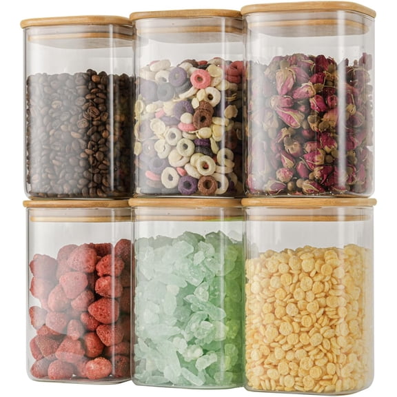37oz Airtight Glass Square Storage Canisters with Bamboo Lid Set of 6 (1100ml) Stackable Containers, Kitchen Jars for Pantry Noodles, Flour and Coffee beans (with Black Lable)