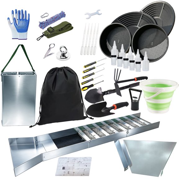 37pcs Complete Gold Panning Kit for Adults Beginners Enthusiasts, Gold Mining Equipment with 50" Aluminum Folding Sluice Box gold pans Classifier Screen Separating Magnet Backpack and More