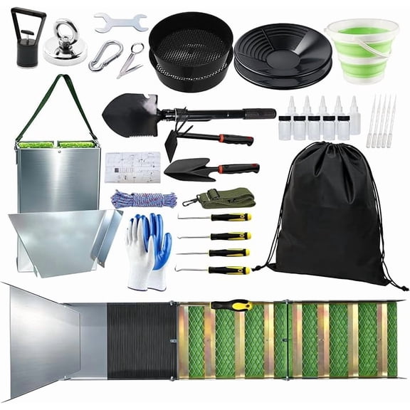 37pcs Complete Gold Panning Kit for Adults Beginners Enthusiasts, Gold Mining Equipment with 50" Aluminum Folding Sluice Box gold pans Classifier Screen Separating Magnet Backpack and More