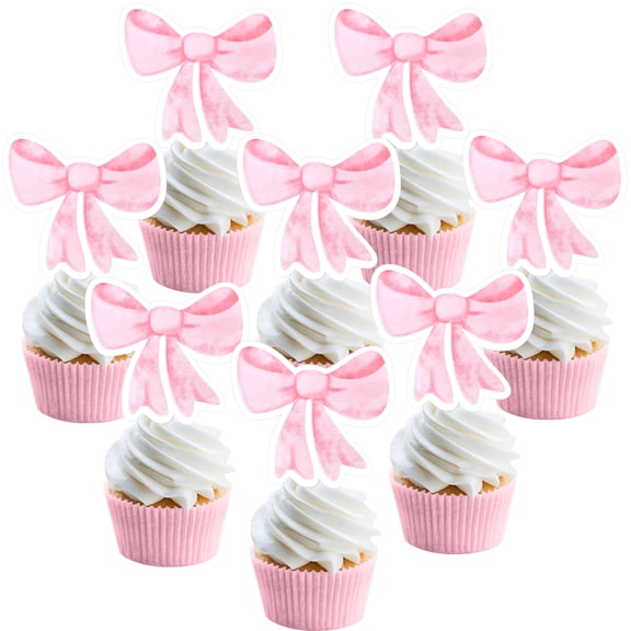 37pcs Pink Bow Princess Theme Cake Decorations Coquette Pink Bow Cupcake Toppers, Double Sided Pink Bow Cupcakes for Princess Girl's Birthday Party Baby Shower Bridal Shower Party Supplies