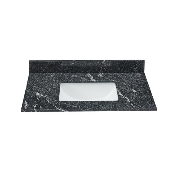 37x22 Inch Bathroom Vanity Top, Premium Thunder Black Granite with Undermount Porcelain Sink, 0.75" Thick (") and 4" High Backsplash, Pre-Drilled 8" Widespread Faucet Holes