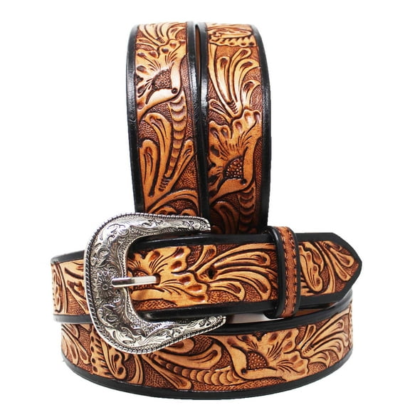 38  1-1/2" Wide Western Cowboy Antique Floral Tooled Full-Grain Leather Belt 2679RS