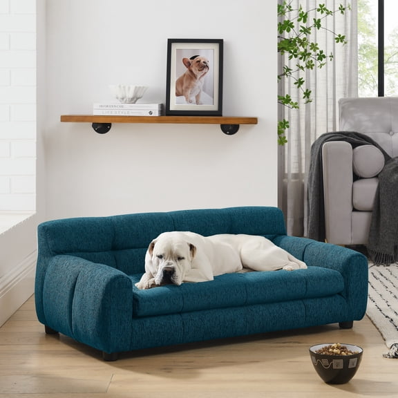 38"*14.5"*22" Dog Couch Bed with Backrest and Armrests,Modern Linen Fabric Dog Couch, Easy to Clean and Maintain, BLUE