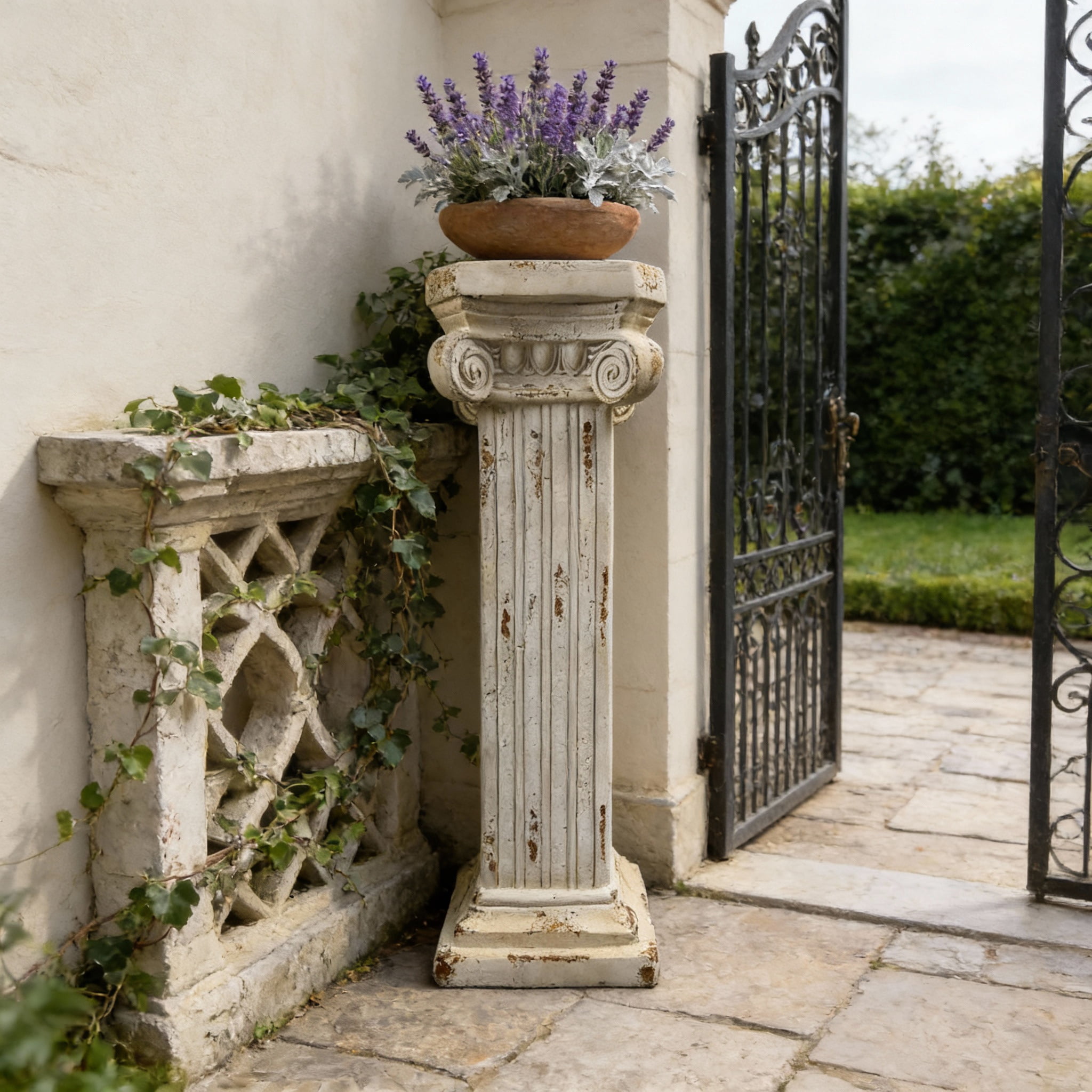 38.18'' Roman Column Pedestal Plant Stand with Base, Greek Style Pillar Sculpture Magnesium Oxide Decorative Stand for Indoor Outdoor Garden Patio Wedding Party Display,Antique White