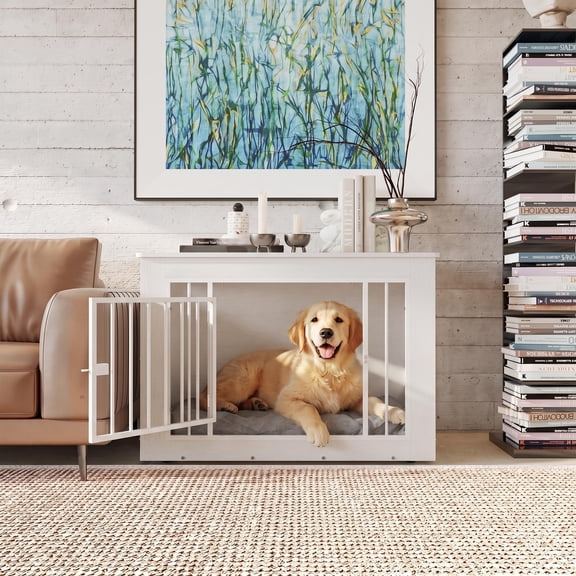 38.2" Dog Crate Furniture, 2-in-1 Iron Wood Dog Cage Side Table, Farmhouse Pet Kennel with Slide Lock & Solid Top