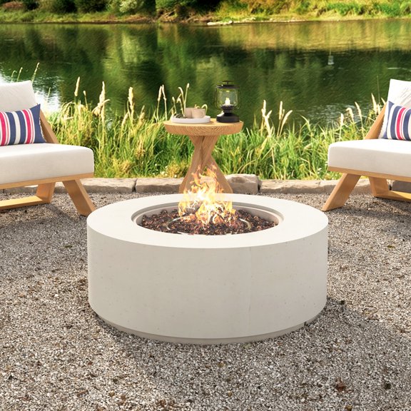 38.2" Round MGO Propane Fire Pit Table with 50,000 BTU Steel Burner, Lava Rocks, Waterproof Cover for Patio, Backyard, Poolside, Beige