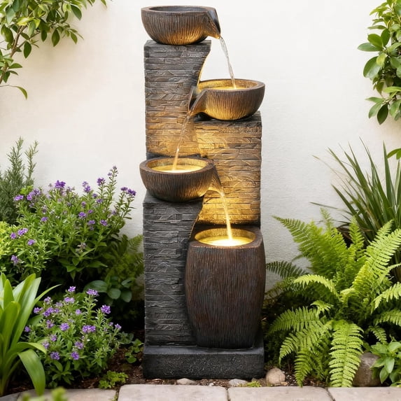 38.2" Tall Water Fountain Outdoor Garden,4 Tiers Modern Cascading Bowls and Stacked Stones Indoor Fountains with LED Lights for Garden, Patio, Deck, Porch, Backyard and Home Art Decor(Grey)