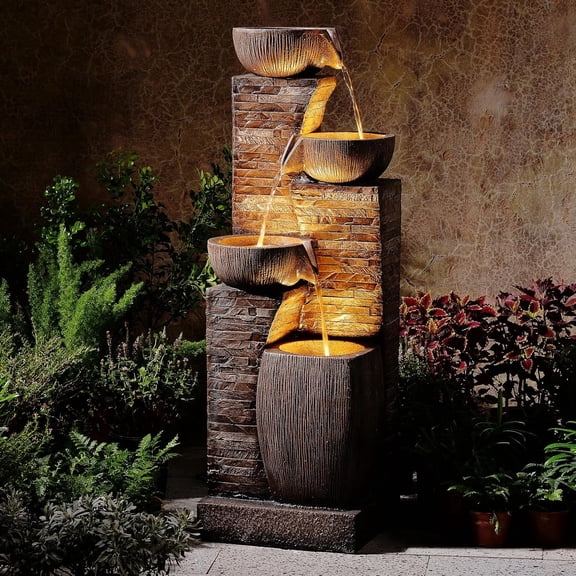 38.2" Tall Water Fountain Outdoor Garden,4 Tiers Modern Cascading Bowls and Stacked Stones Indoor Fountains with LED Lights for Patio, Deck, Porch, Backyard and Home Art Decor(Reddish-Brown