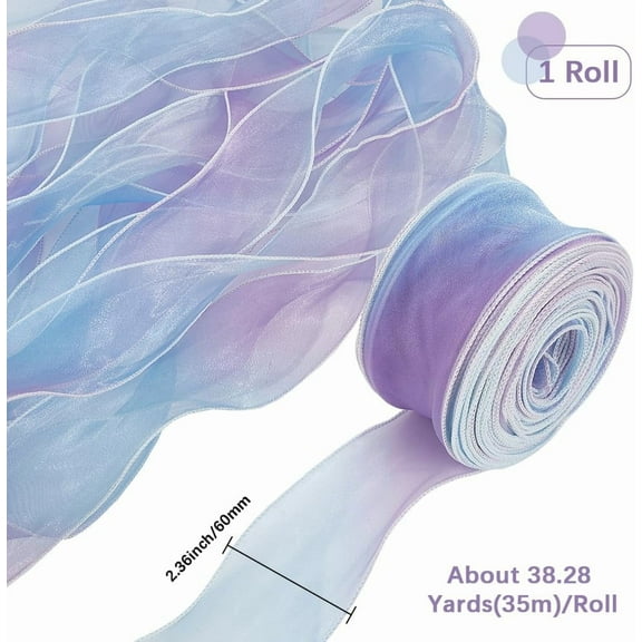 38.28 Yards 2 3/8 Inch Gradient Organza Lace Ribbon Pleated Ruffled Sheer Trim Fabric Blue Iridescent Tulle Border Trimming Ribbons for Sewing Making Home Decor Applique Costume DIY Crafts
