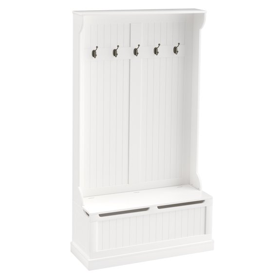 38" 3-In-1 Entryway Hall Tree With Storage Bench, Coat Rack With Four Hooks And Shoe Storage, White