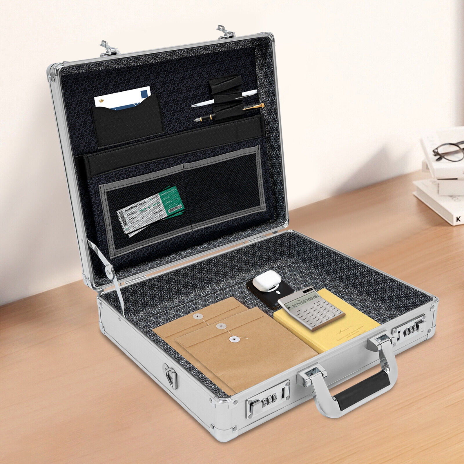 38*33*11 Rectangular Classic Locking Briefcase Aluminum Alloy Safety Box with Shoulder Strap(Silver White)