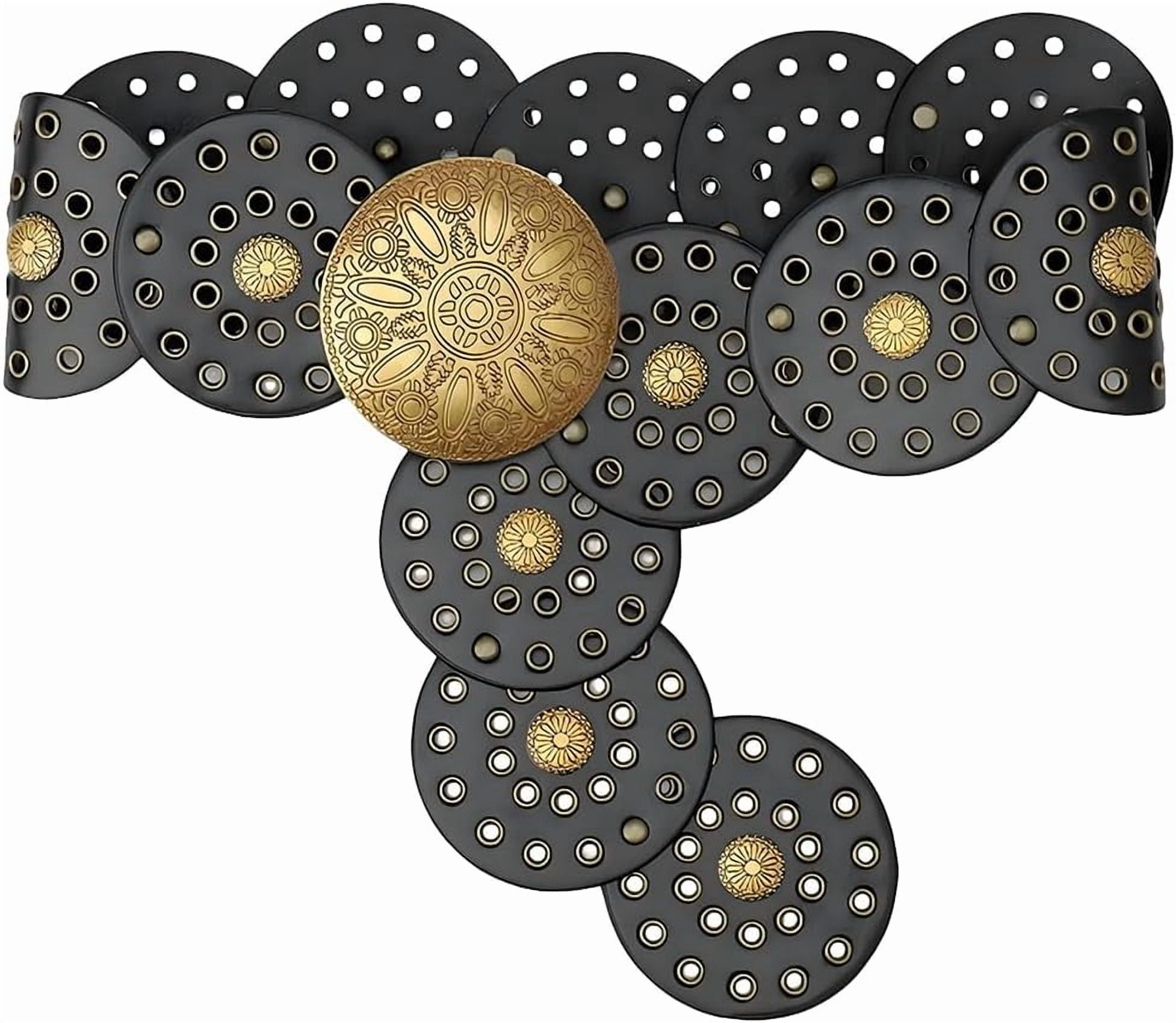 LIMHOO Brede Disc Riem Voor Vrouwen Lederen Holle Ronde Riem Boho Western Taille Riem, Een Bruin, S: 101cm/39.7in