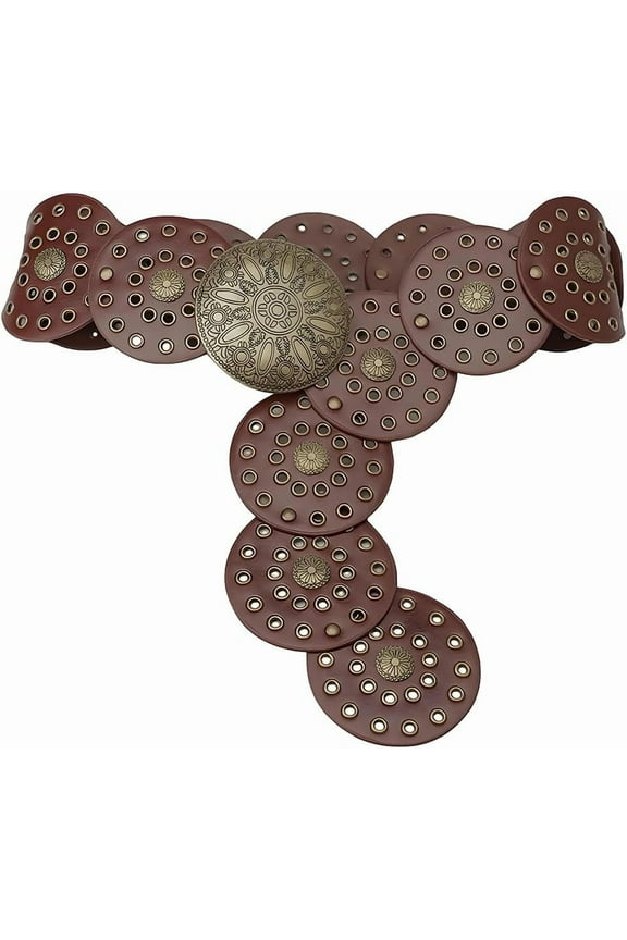 38.35 x 3.54 Inch Western Hollow Disc Belt Wide Vintage PU Leather Wasitband with Metal Buckle Boho Cowgirl Chunky Waist Belts for Women Jeans Dress Skirt (Brown) colorful