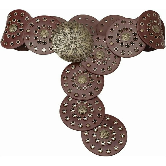 38.35 x 3.54 Inch Western Hollow Disc Belt Wide Vintage PU Leather Wasitband with Metal Buckle Boho Cowgirl Chunky Waist Belts