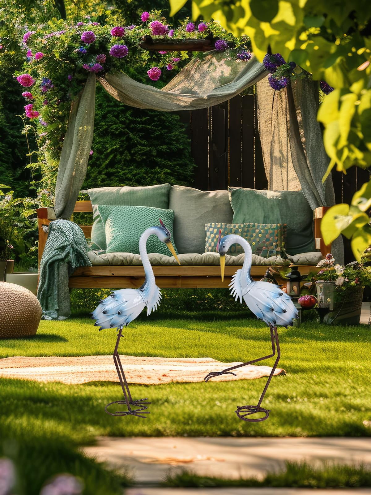 38"/36" Large Metal Heron Standing Yard Art, Blue Crane Lawn Sculptures ...