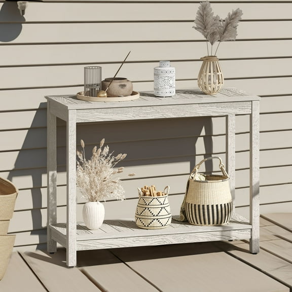 38.3in Modern Farmhouse Entryway Table, Wood Outdoor Console Table with Storage Shelves, Grey Wash