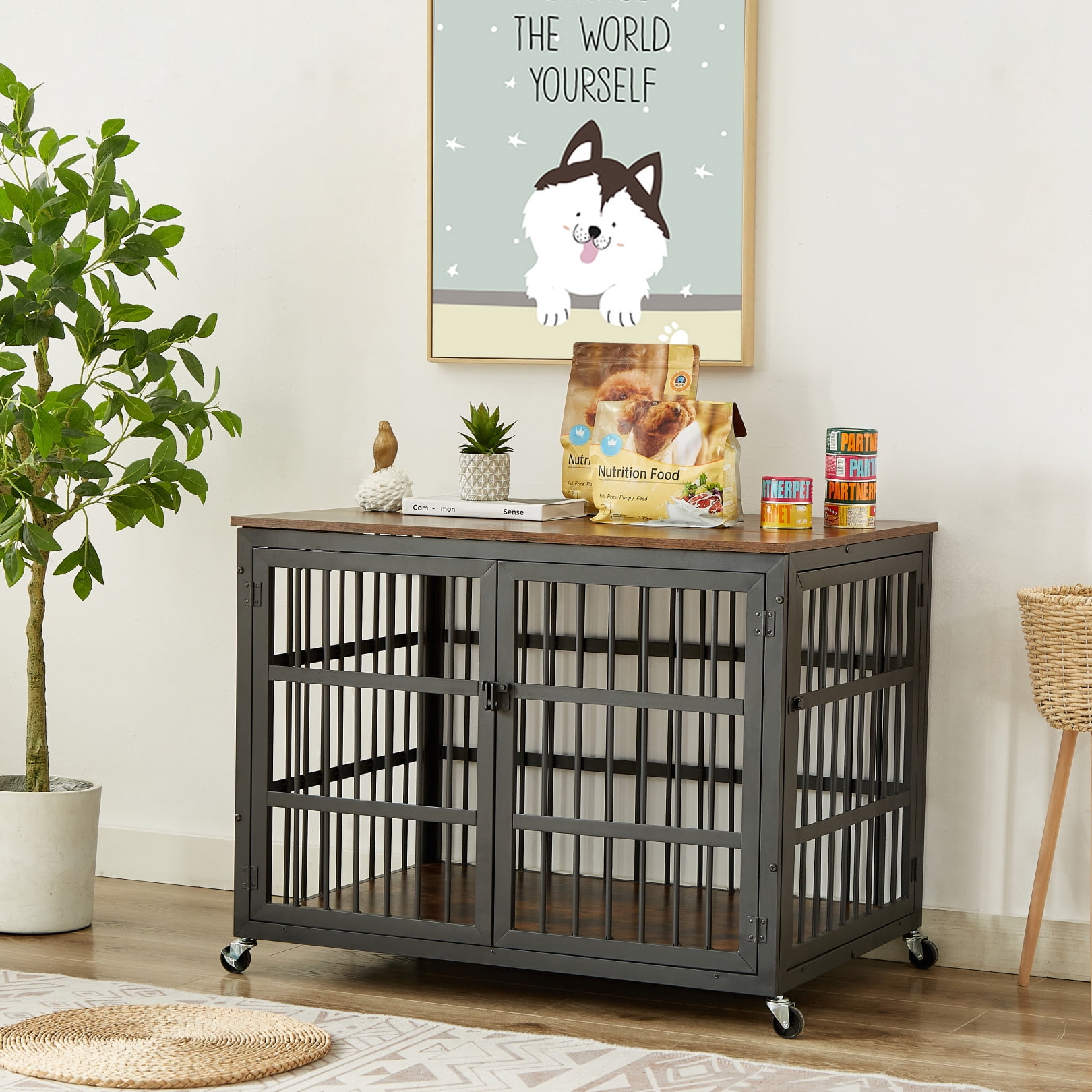 38.4'' Heavy Duty Dog Crate with Wheels, Dog Cage Wrought Iron Frame