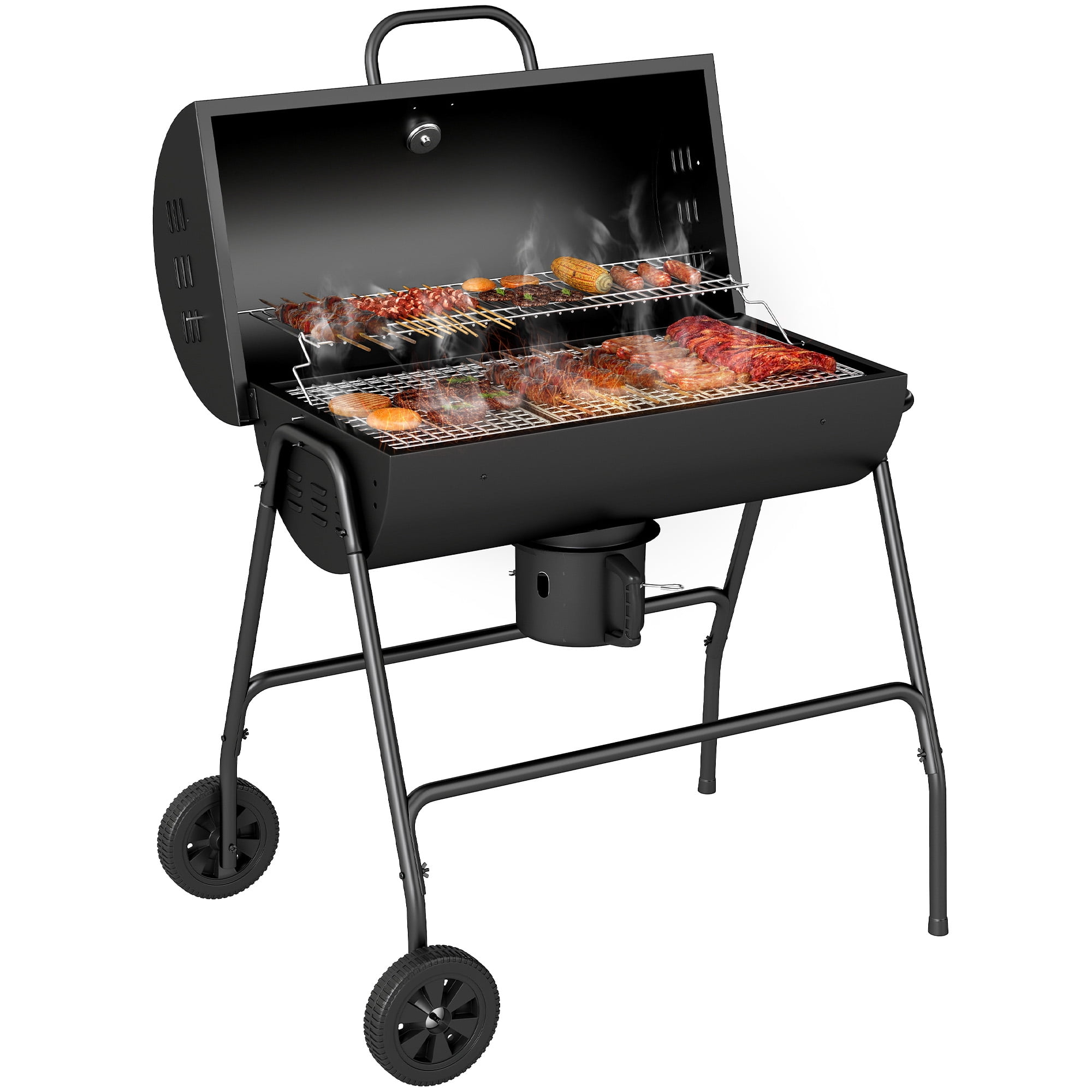 38.5" Barrel Charcoal BBQ Grill, 420 sq.in. Cooking Area, Wheels, Ash Catcher & Built-in Thermometer for Patio, Picnic, Backyard Party