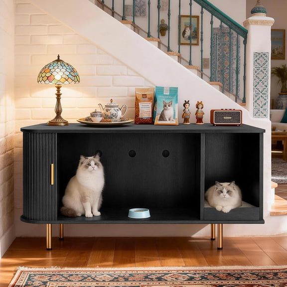 38.5 Inch Cat Litter Box Enclosure with Scratch Pad and Sliding Door, Hidden Litter Box Furniture Side Table for Living Room, Black